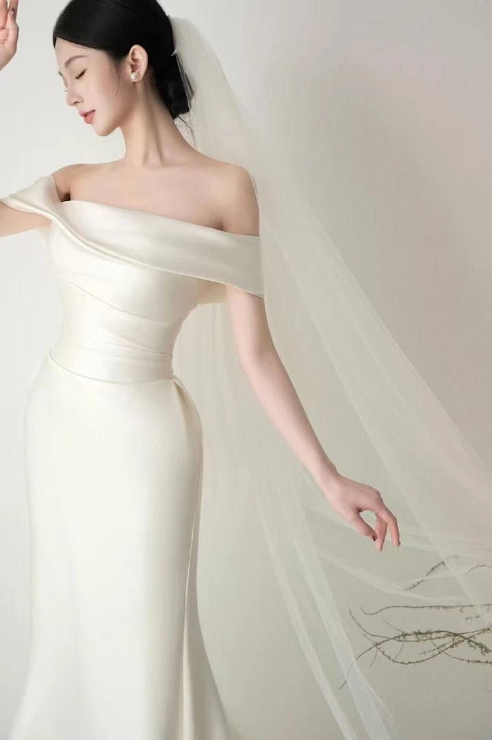 小浪淘纱下店专用气质小众婚纱99-269档，默认瑕疵，no退换一字肩