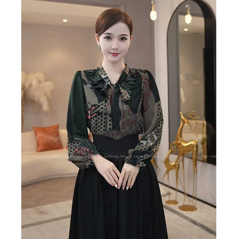 现货2026春夏新款【7271】轻奢气质女装荷叶边绿色波点时尚衬衫上衣