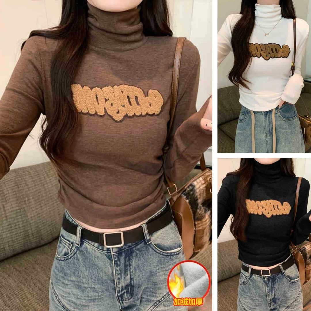 【德容保暖】2025冬新款美式复古辣妹刺绣高领长袖修身上衣女S11467