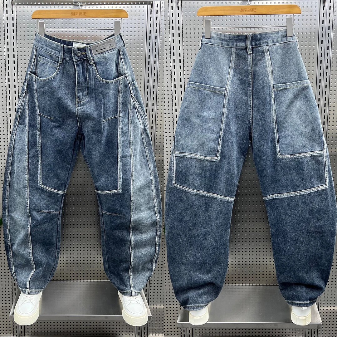 2025秋季新款美式复古拼接弯刀牛仔裤男士潮流时尚百搭直筒阔腿裤