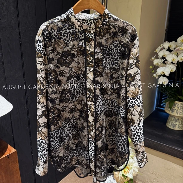 蕾丝刺绣拼接豹纹野性风衬衫