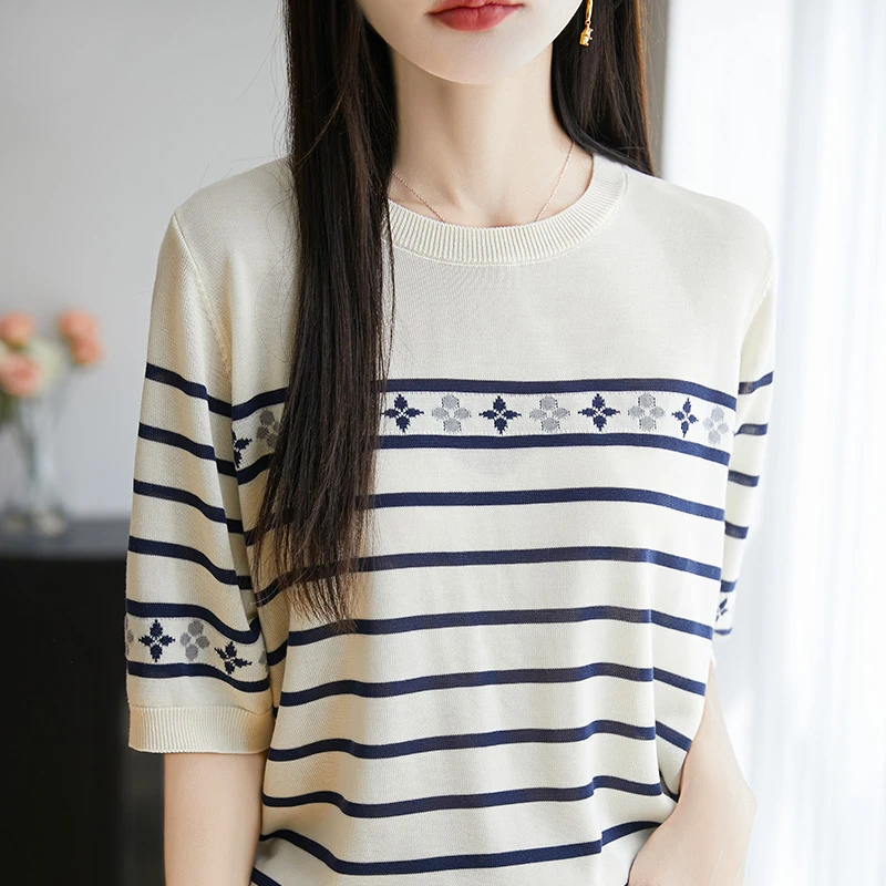 夏季薄款法式提花条纹冰丝大码女士针织T恤圆领短袖时尚宽松上衣