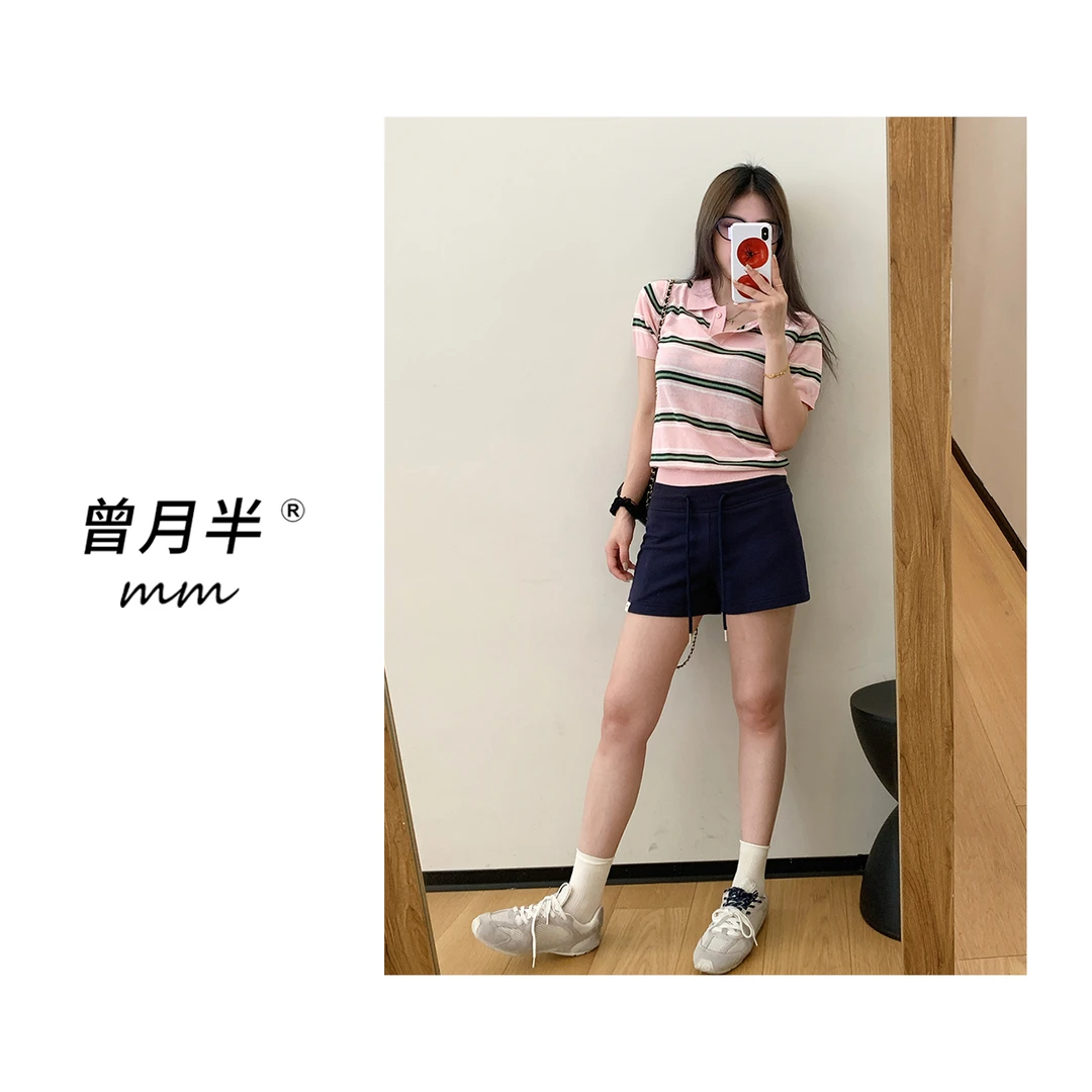 曾月半《粉芭乐条纹》14针进口对条polo天丝亚麻针织短袖！ZS1172
