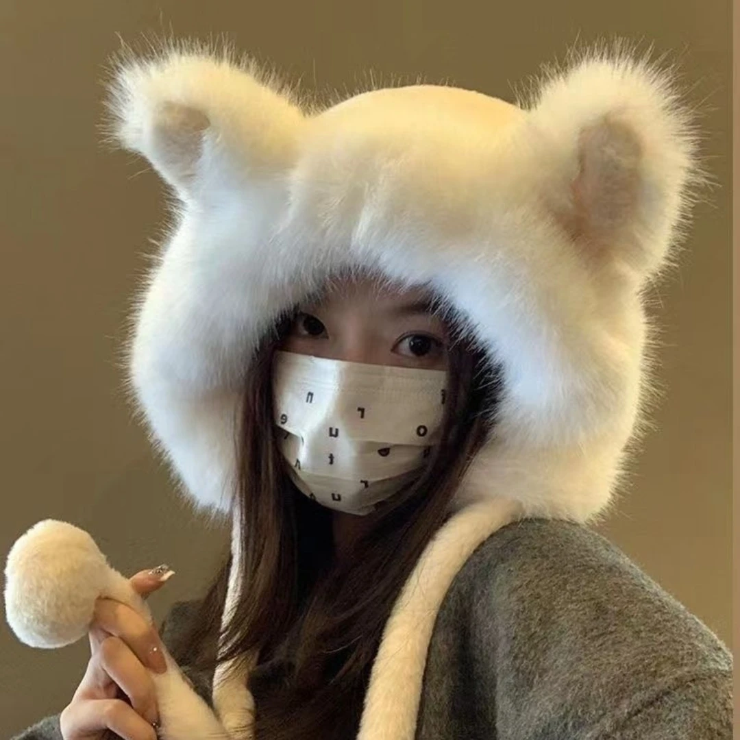 帽子女秋冬季可爱毛绒绒猫耳帽小仙女显脸小新款保暖加厚护耳帽子