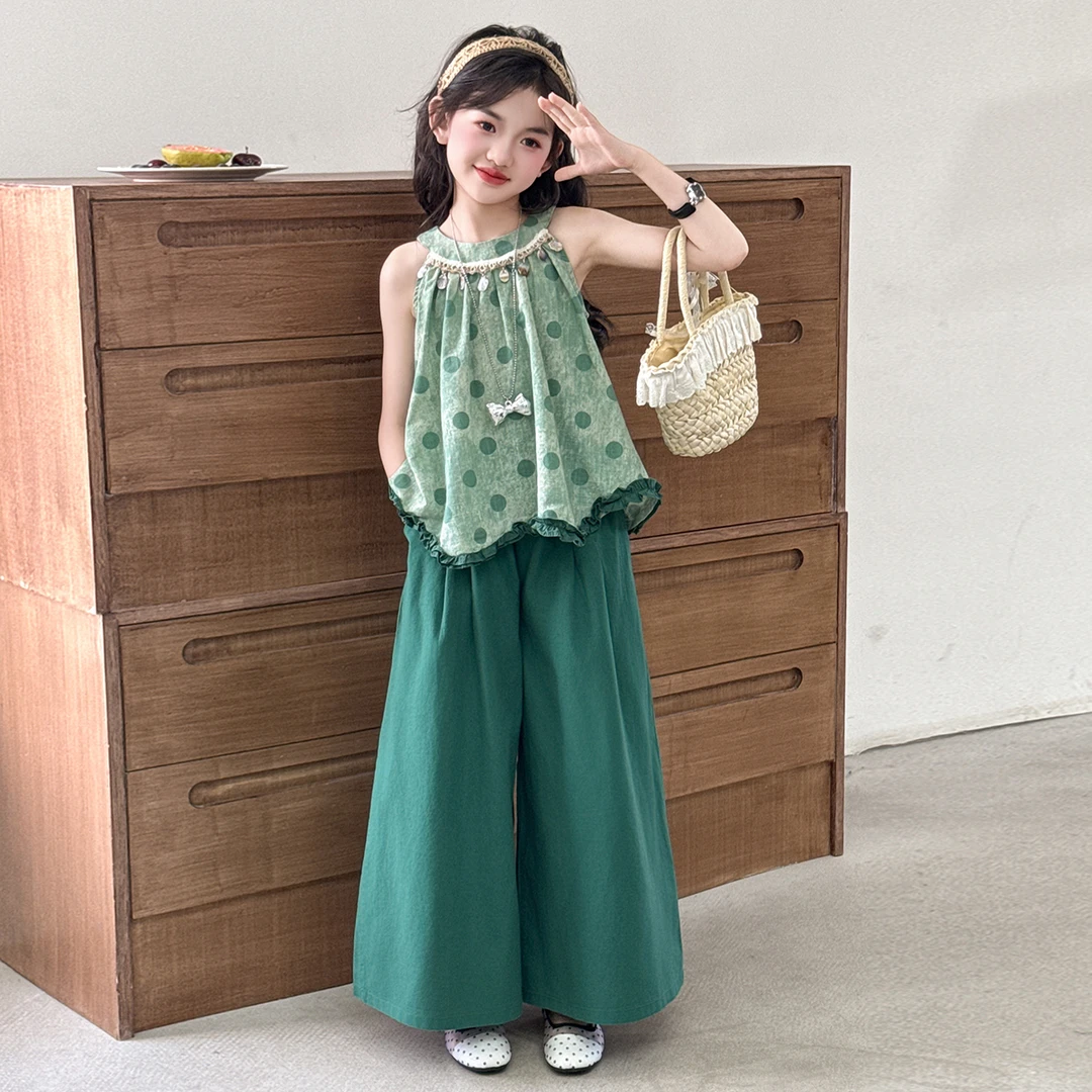 女童夏季套装2025新款女大童时尚挂脖吊带儿童宽松休闲阔腿裤韩版