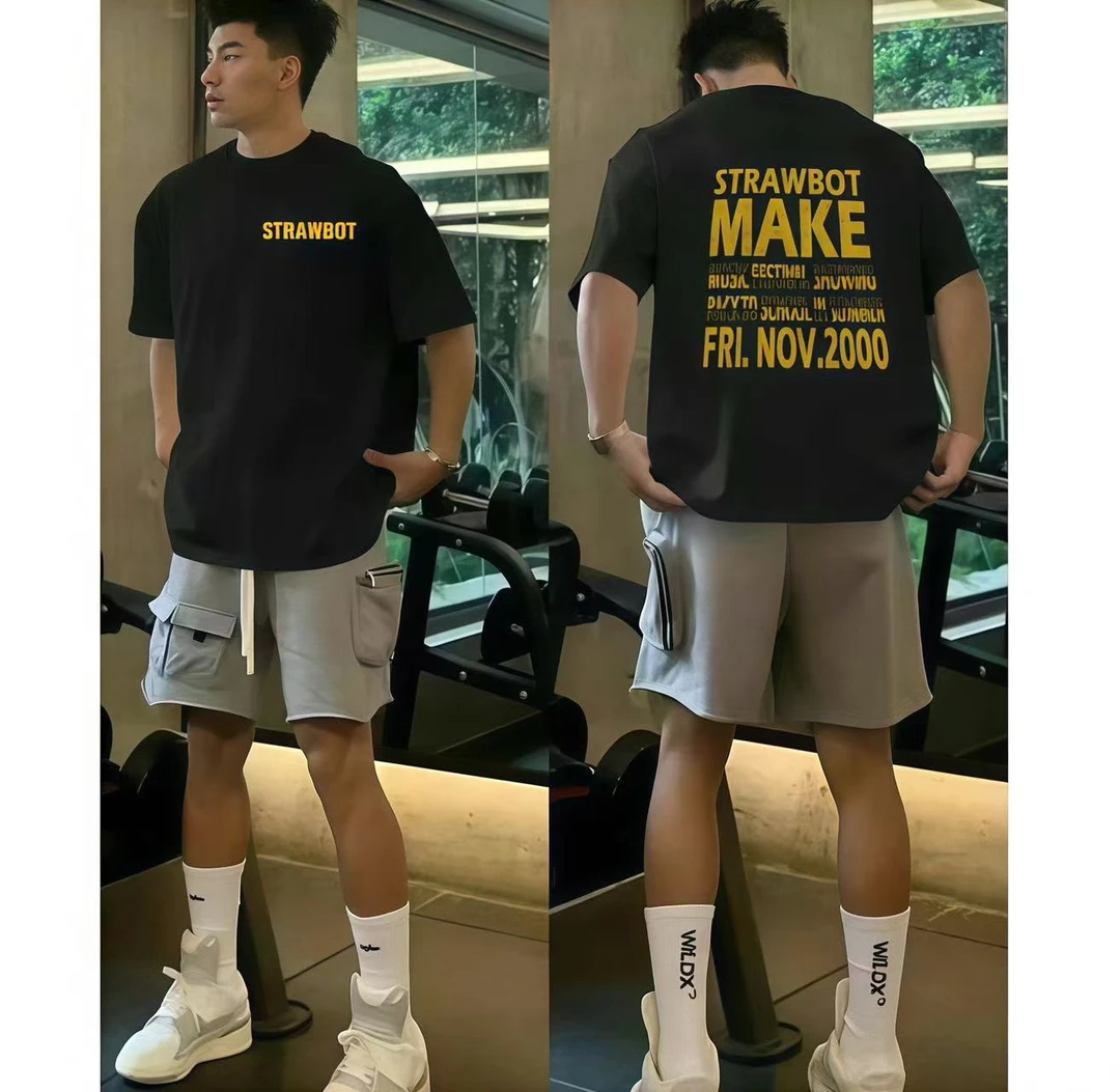 夏季新款重磅男女同款T恤前后发泡 黄色 破碎字母