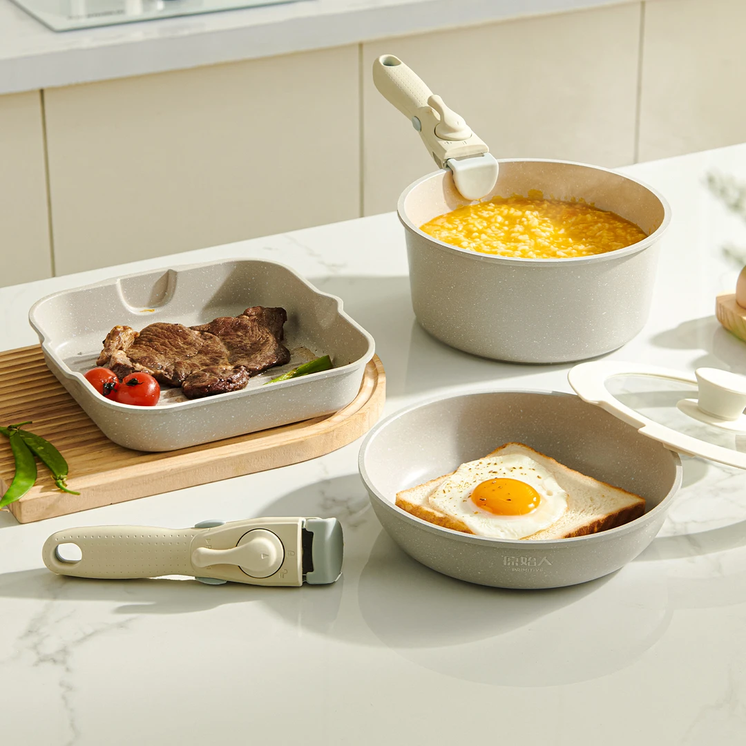 【原始人轻煮锅】具露营炊具可拆卸手柄不粘锅家用三件套套装煎炒锅