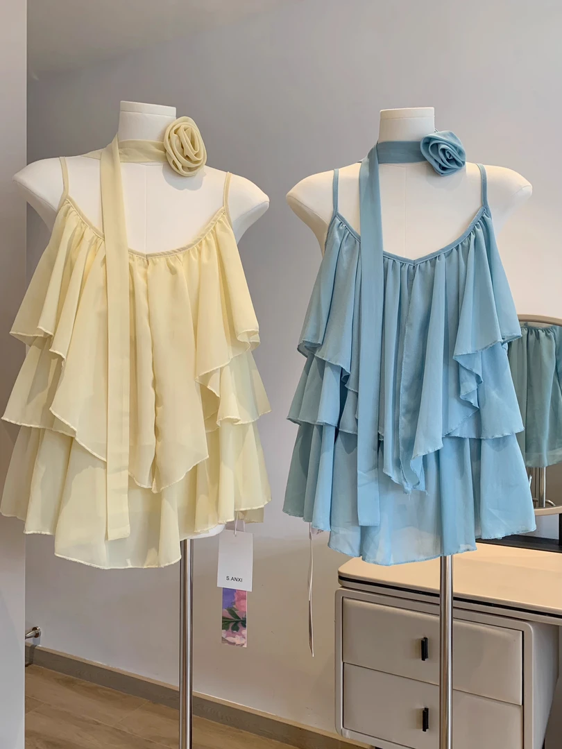 多巴胺韩系纯欲荷叶边雪纺吊带背心女夏设计感花朵飘带度假风上衣