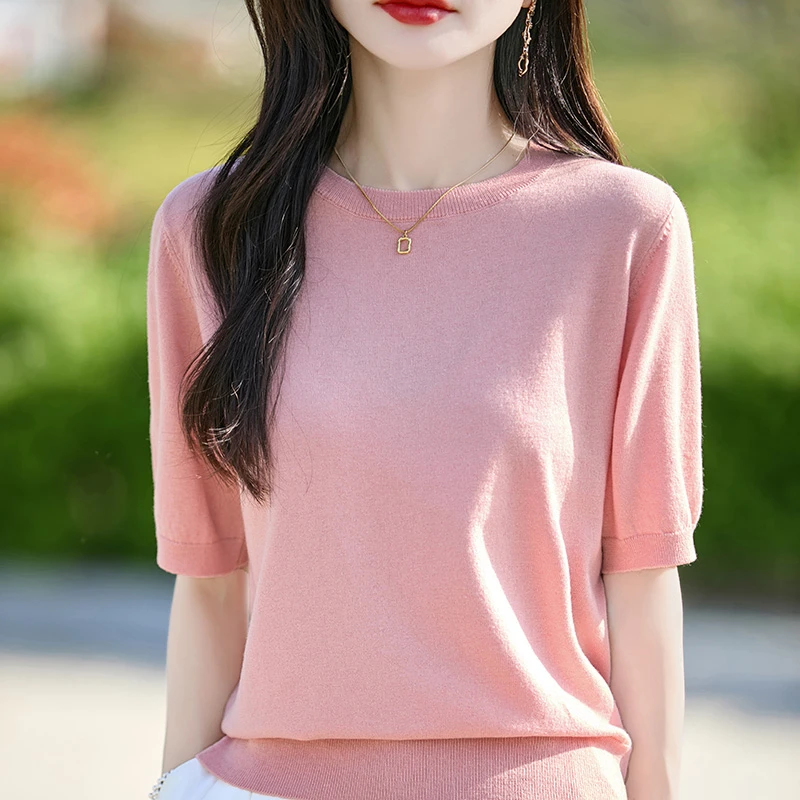 纯色夏季女时尚亚麻短袖薄款毛针织衫套头上衣显瘦打底衫宽松百搭