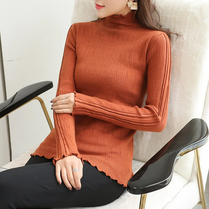 润秋冬新款通勤半高领毛针织衫毛衣保暖边加绒加厚毛衣女士