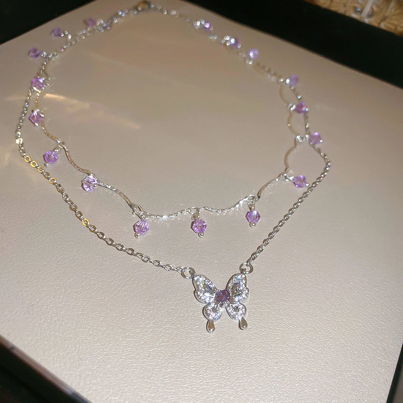 合金项链 蝴蝶镶钻爱心锆石玻璃珠项链时尚小清新百搭锁骨链