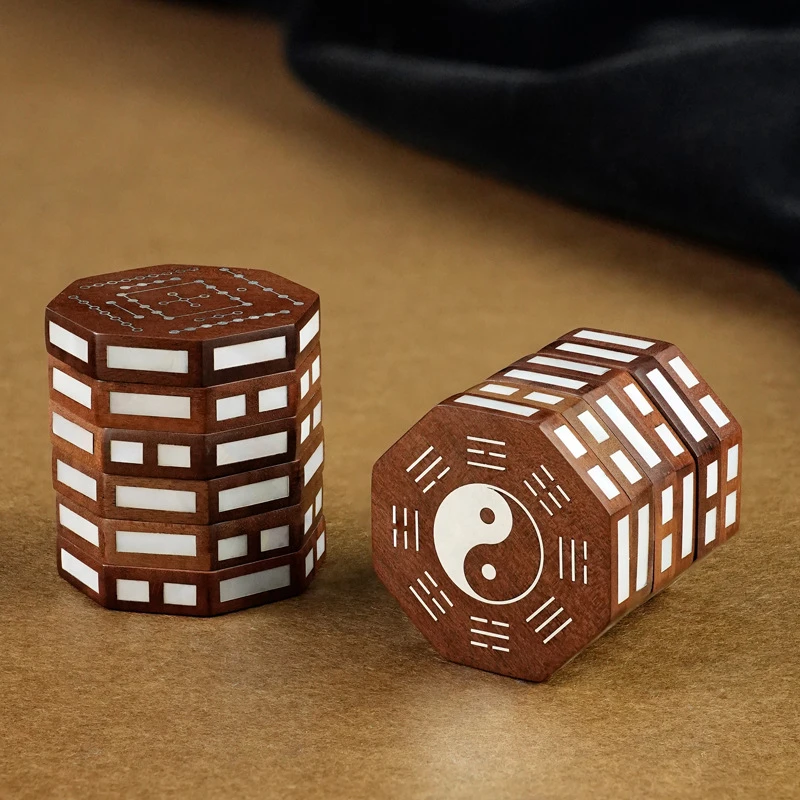 得一舍周易六面旋转魔方枣木镶银易经六十四卦转盘解压六爻河图洛