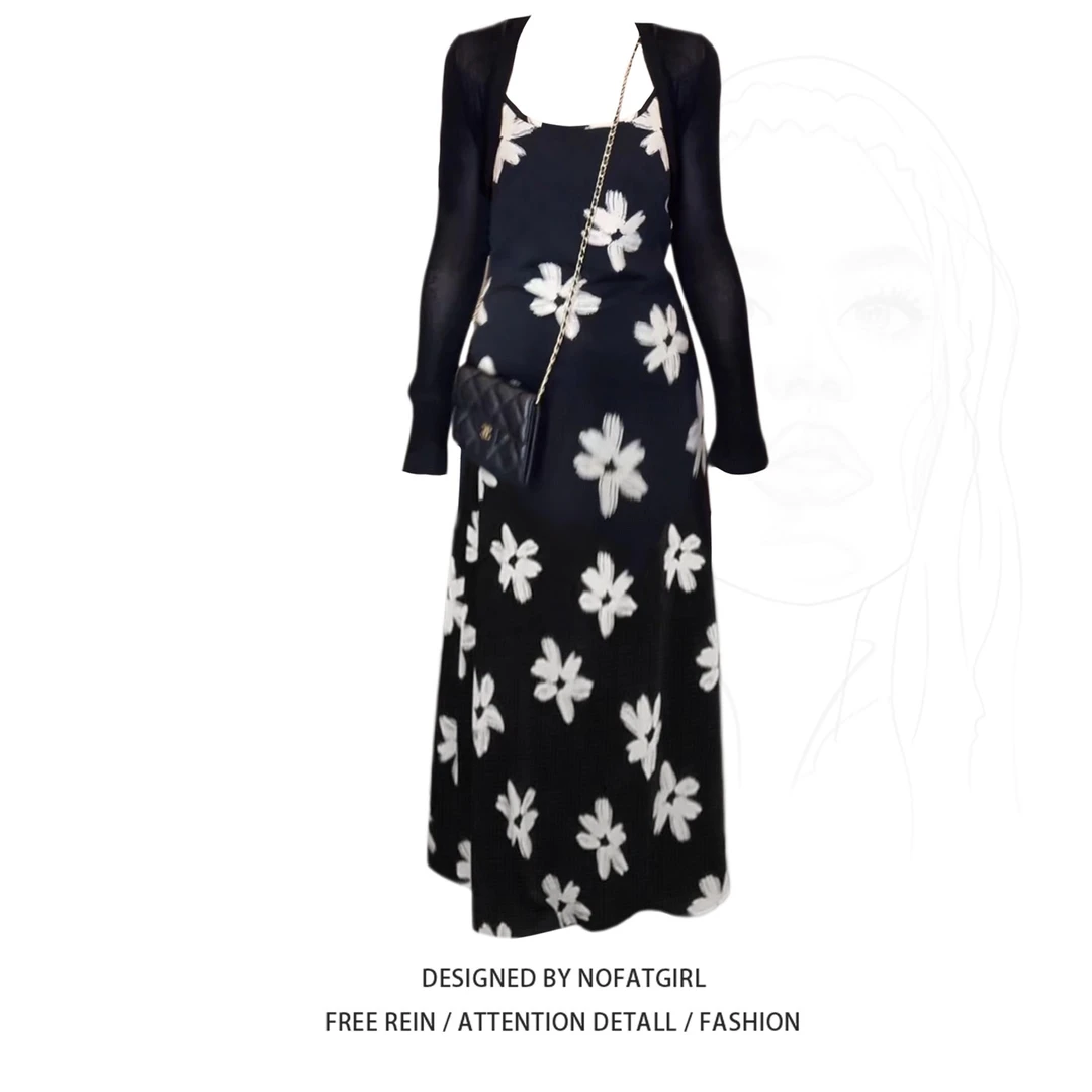 大码胖妹妹法式对他度假风印花吊带连衣裙女夏季短款防晒开衫套装