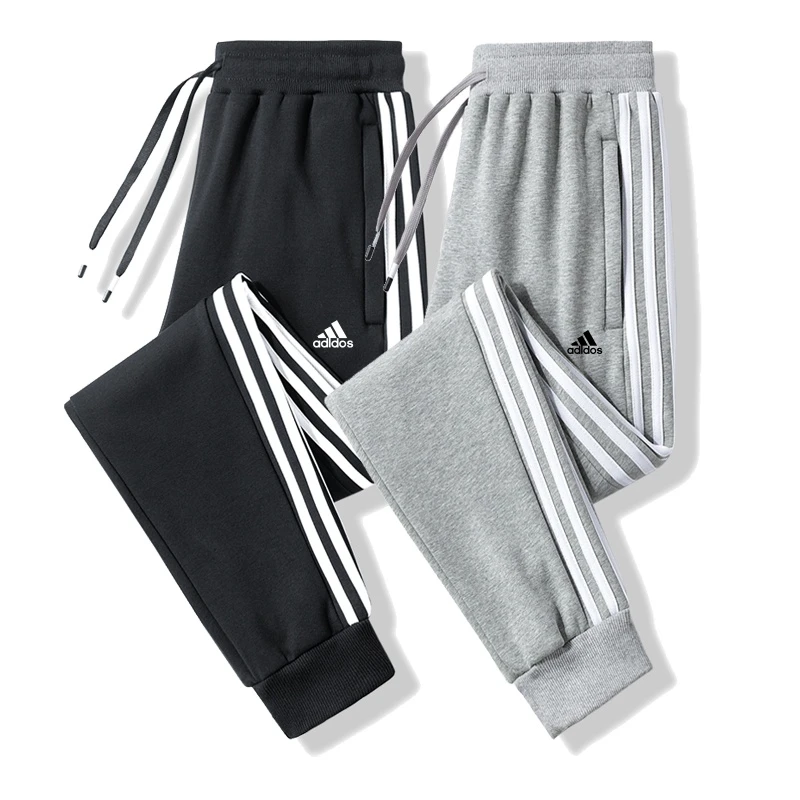 奥莱精选纯棉运动裤春秋男士宽松直筒休闲长裤百搭三杠束脚裤大码