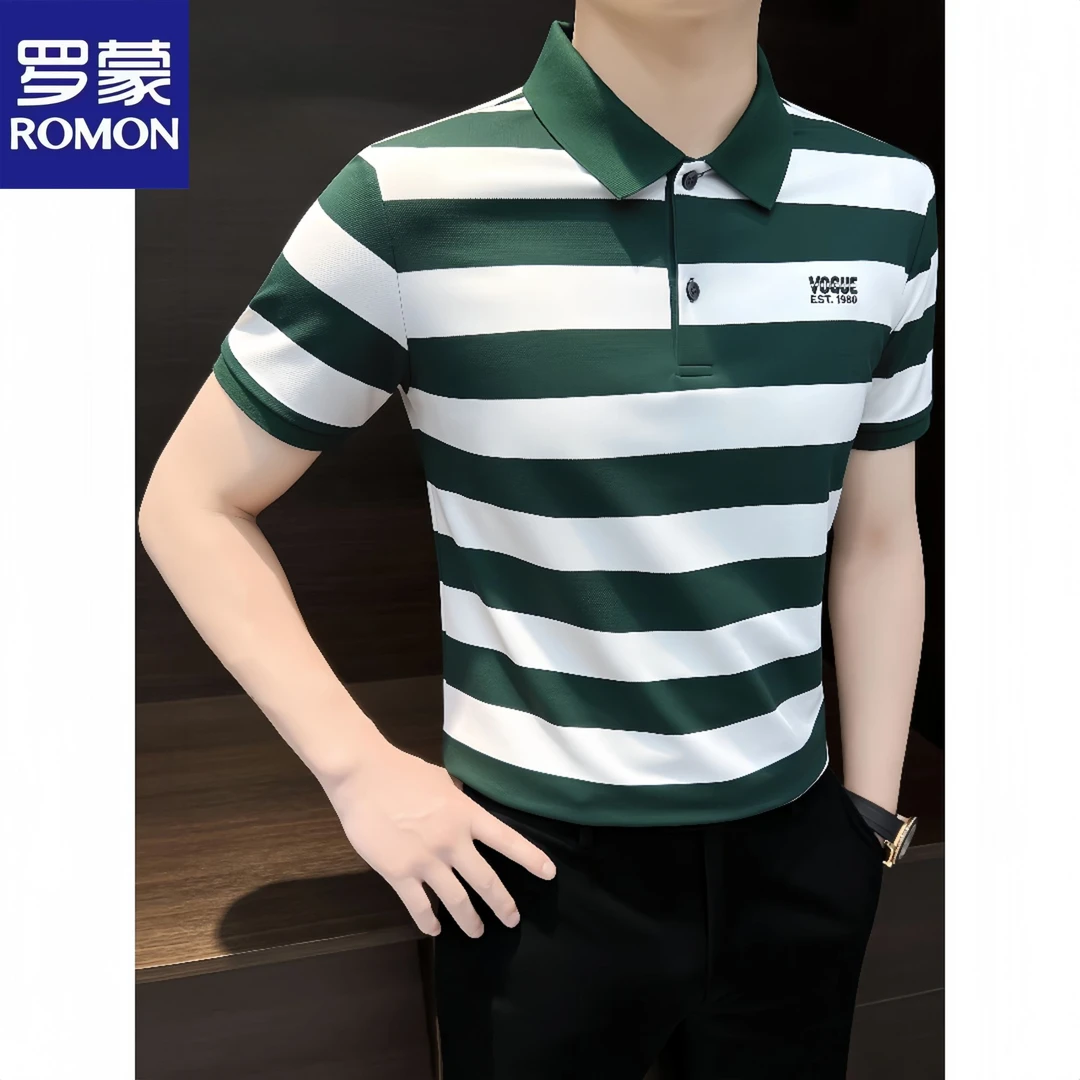 Romon/罗蒙条纹polo衫男装商务轻奢高级感男士夏季潮流短袖t恤