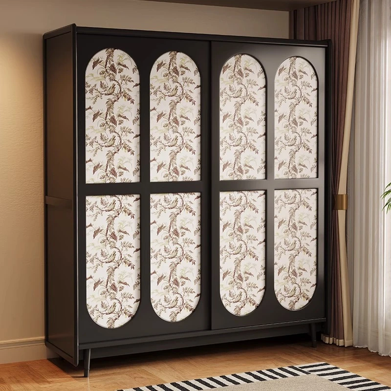 法式复古实木衣柜家用卧室收纳挂衣柜中古风小户型推拉门木质衣柜