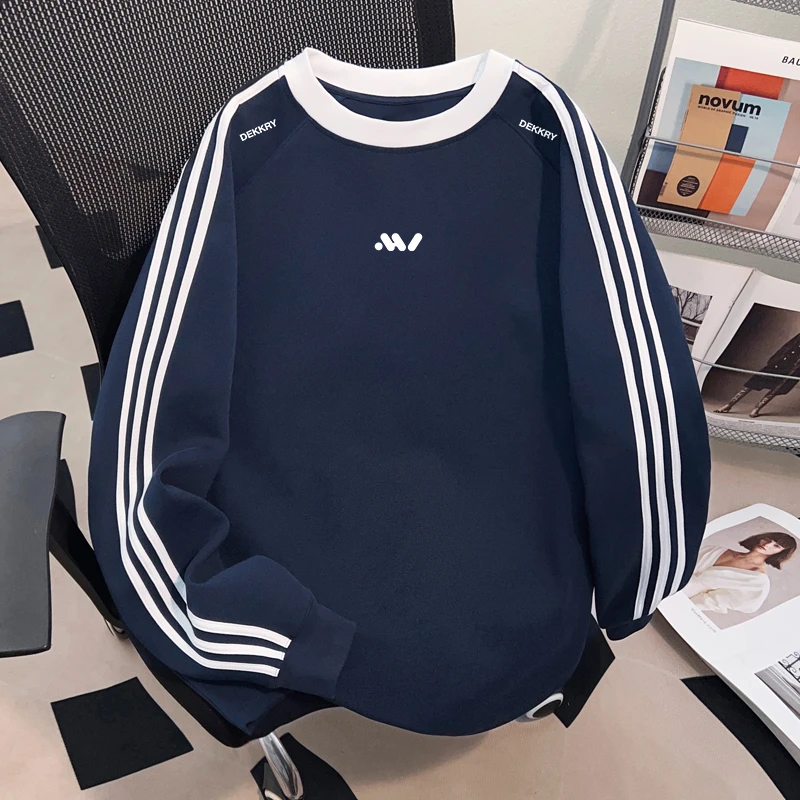 Dekkry潮牌简约个性字母t恤三条杠秋冬纯棉长袖男女圆领百搭上衣