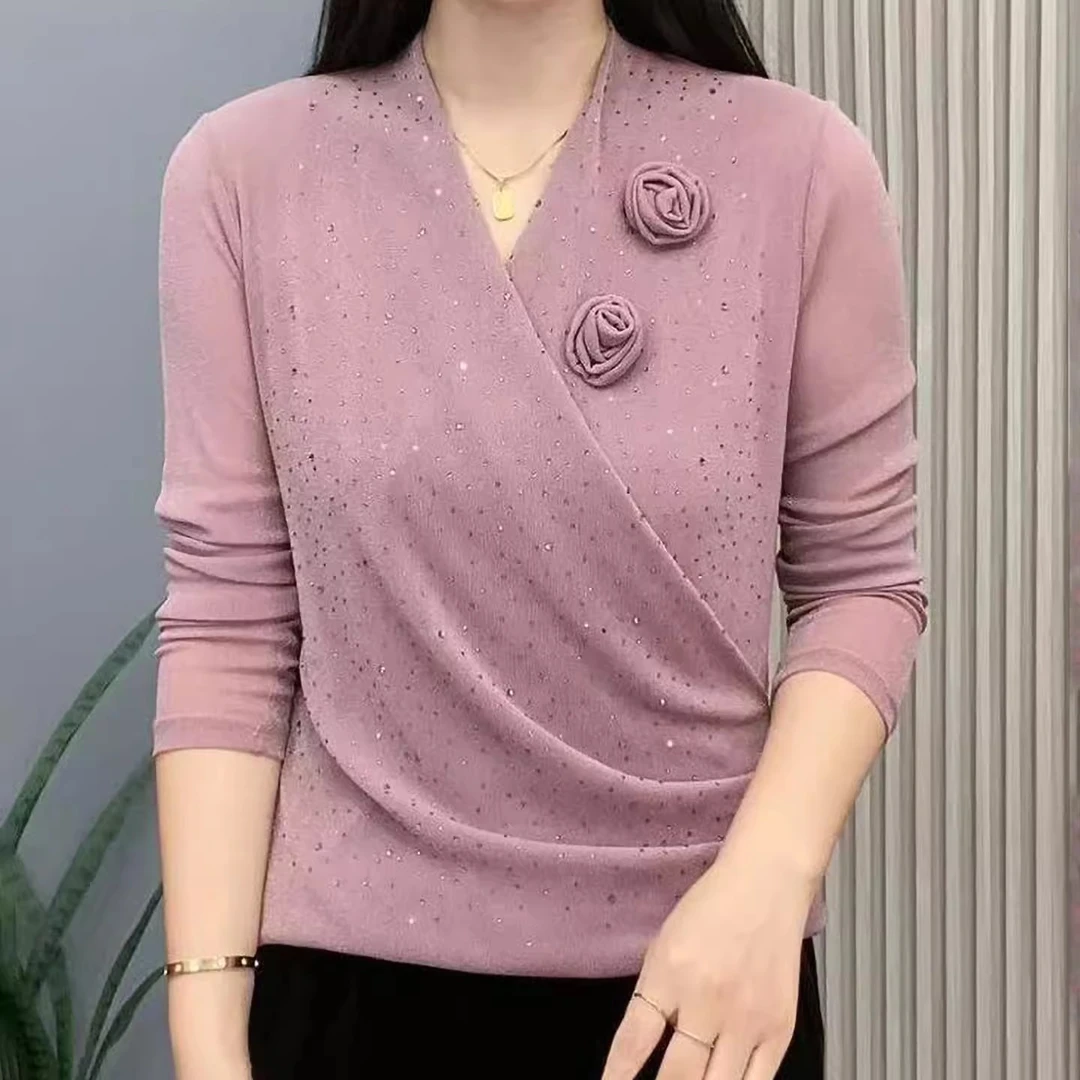 秋季新款交叉领两朵花气质妈妈装纯色烫钻洋气长袖百搭T恤打底衫