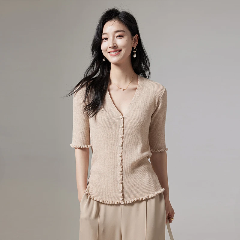 百搭V领纯色修身女士短袖绵羊毛针织衫