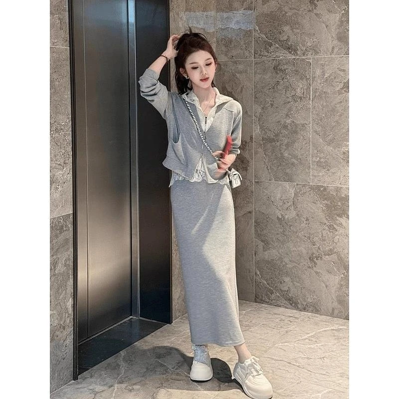 慵懒风休闲运动套装女洋气蕾丝拼中长款半身裙两件套2025春季新款