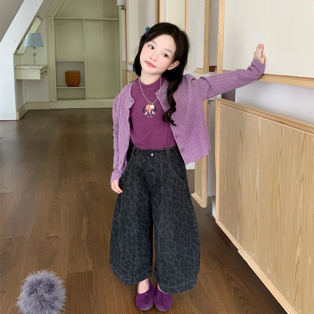 2025秋季新款女童洋气针织开衫 卡通长袖打底衫 豹纹弯刀阔腿裤