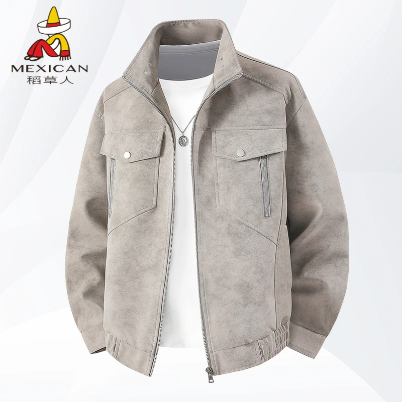 稻草人大码男士潮牌皮衣春秋休闲青年帅气韩版皮夹克时尚立领外套