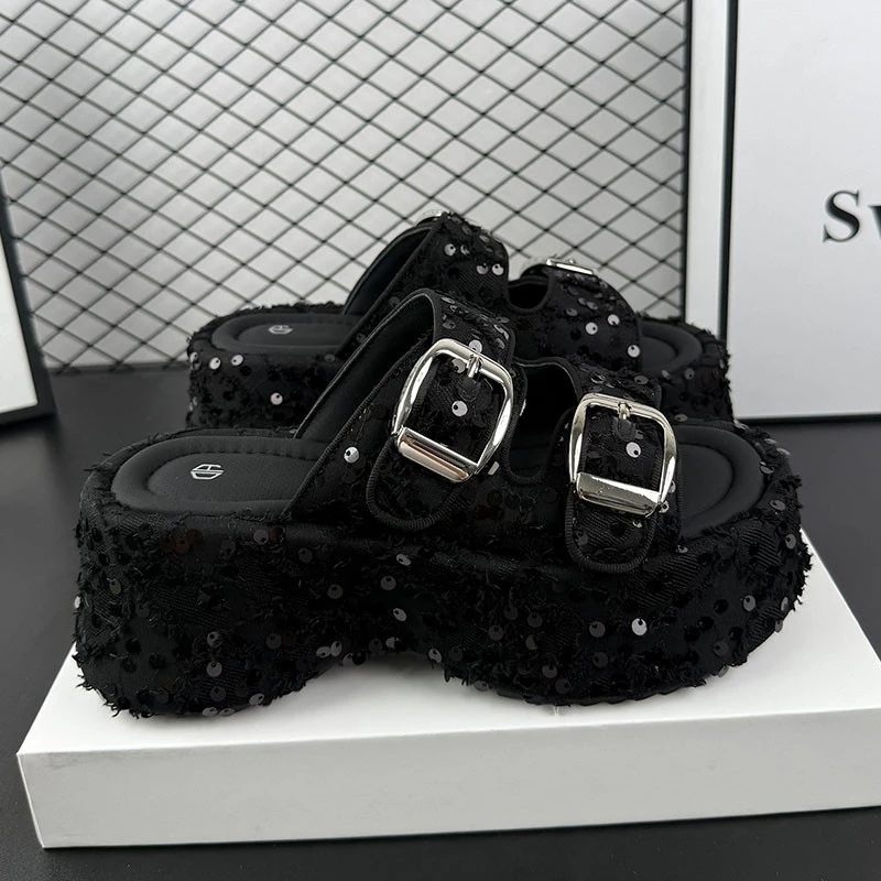 松糕拖鞋女2025夏季新款舒适厚底踩屎感小香风亮片拖鞋女鞋外穿