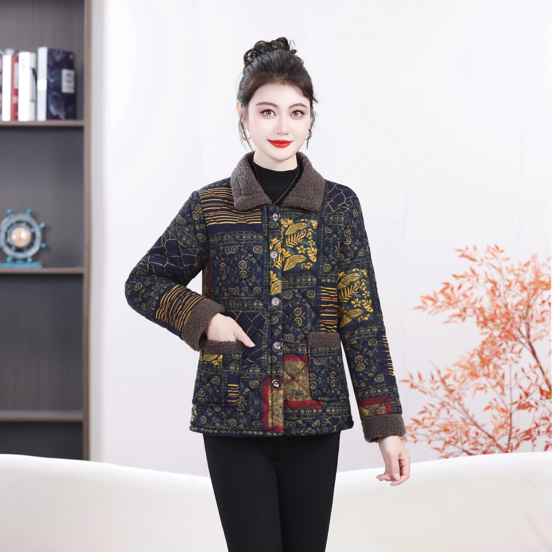 碎花复古港风常规加绒春秋翻领中老年女装中老年大衣气质妈妈装