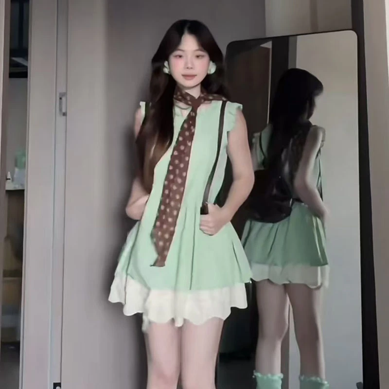 甜美风法式名媛波点印花时尚温柔无袖百搭上衣短款宽松短裤套装女