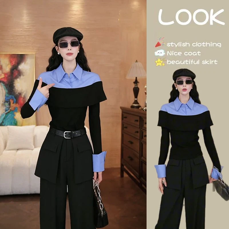 开春一整套女装2024新款时尚气质撞色拼接翻领上衣百搭裤子两件套