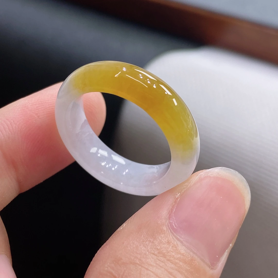 18号 天然缅甸A货 老坑冰胶黄翡半山水翡翠玉戒指 内径18.5mm