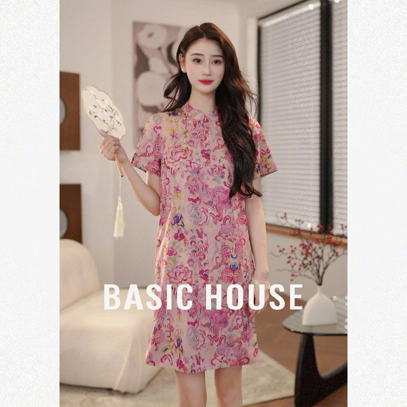 Basic House/百家好欧若新中式国潮改良款显瘦气质印花旗袍B5P502