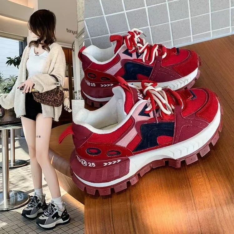 欧若风复古厚底老爹鞋女2025新款内增高百搭松糕底休闲鞋