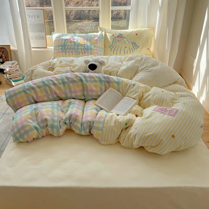 甜酷少女ins风-个性混搭毛巾绣+印花款四件套学生宿舍三件套被套