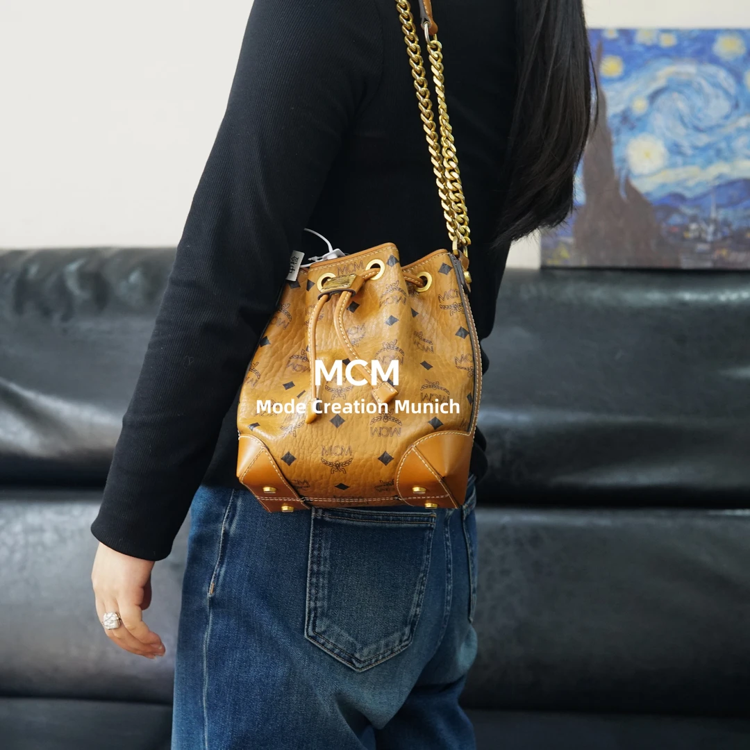 95新 MCM 干邑色抽绳单肩链条包/SS02622508/2508