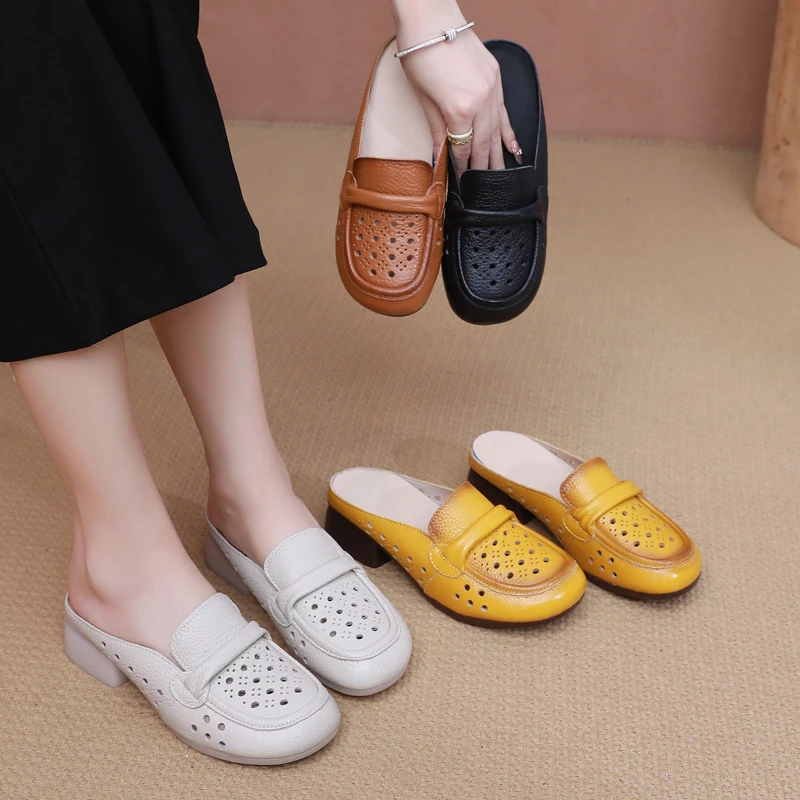 头层牛皮半包头拖鞋软面软底中跟女鞋舒适百搭镂空拖鞋外穿妈妈鞋