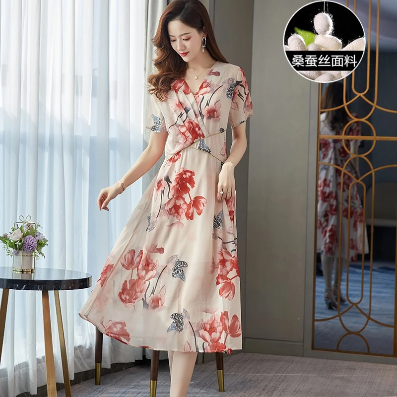 高端奢华大牌冰丝连衣裙2025新款女名牌印花桑蚕丝V领裙子夏季