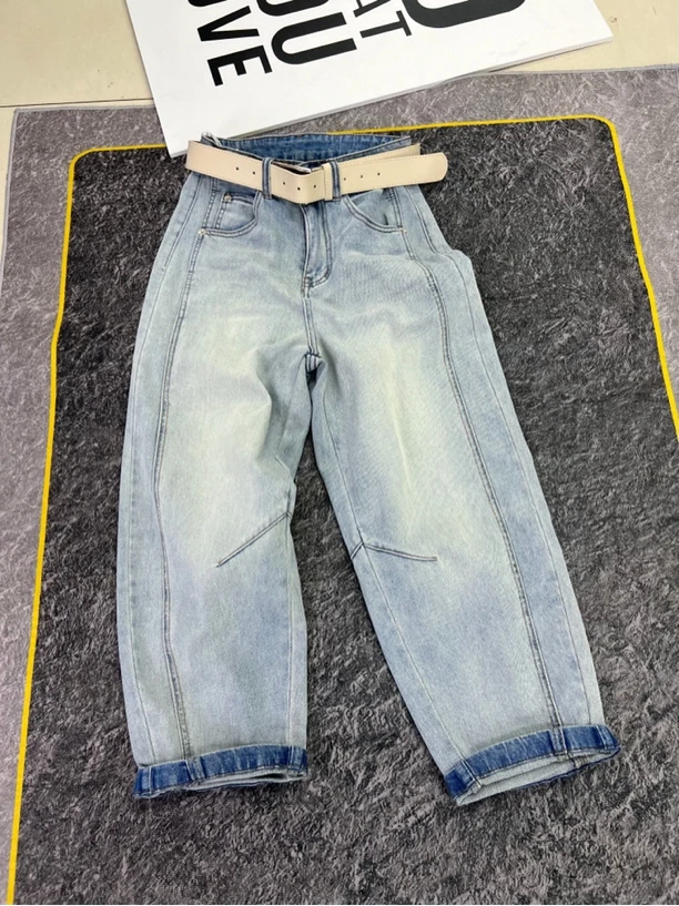 9A1691-L无腰带拼接段点弹力显瘦弯刀裤