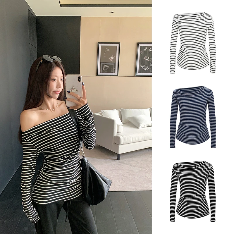 Moses Queen/魔西女王韩系chic别致露肩长袖t恤辣妹斜肩条纹上衣