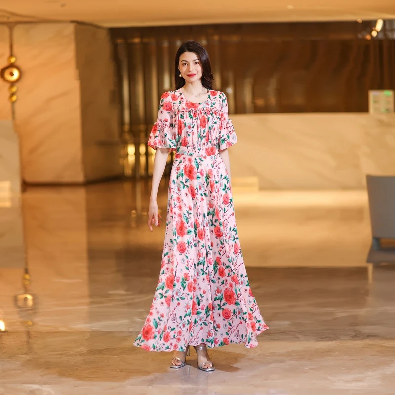 2025夏季新款修身显瘦高腰气质时尚名媛大摆中式连衣裙蕾丝2501