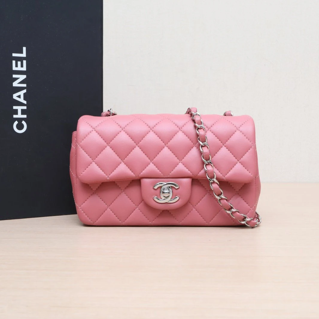 99新 Chanel/香奈儿 黑黑CF 口盖包 大Mini 20cm 粉红色 28开