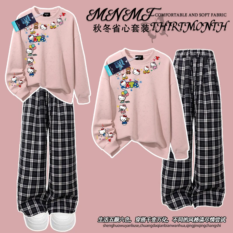 秋季新款韩版女童凯蒂猫扎染圆领卫衣格子裤套装百搭中大童两件套