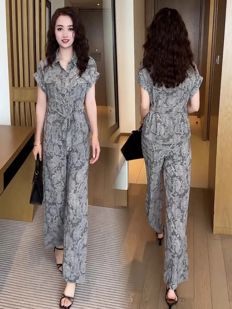 时尚洋气碎花套装女2025夏季新款遮肚子显瘦衬衫阔腿裤冰丝两件套