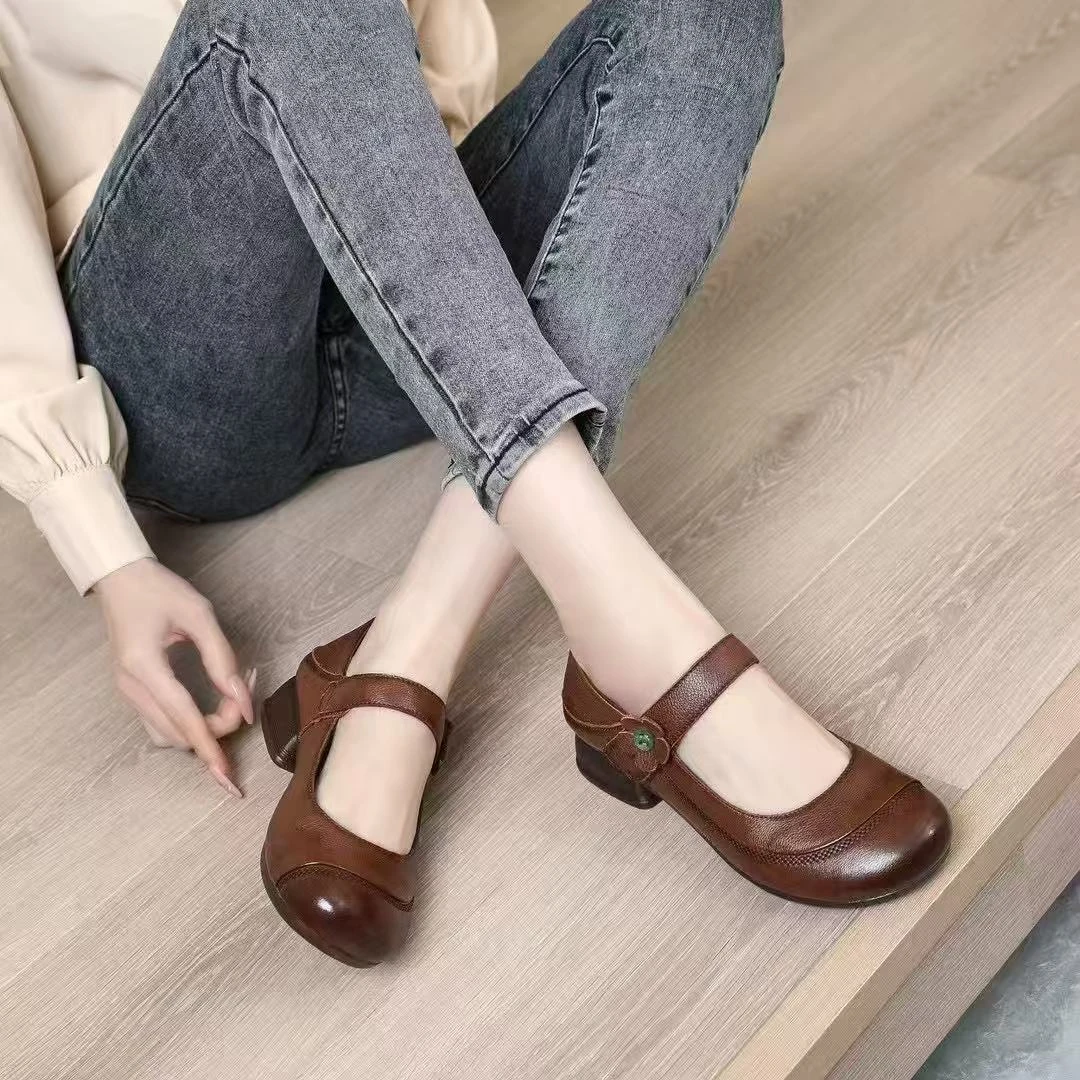 真皮浅口单鞋春秋圆头女鞋新款中老年皮鞋软底防滑休闲舒适妈妈