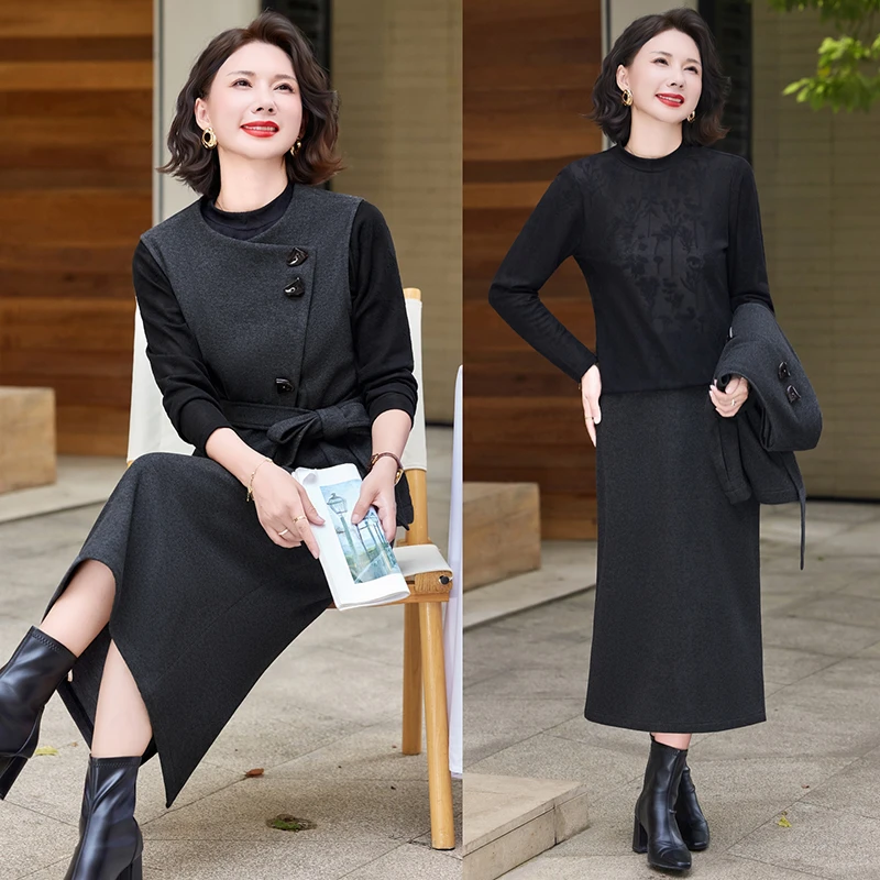 妈妈秋装端庄大气套装2025新款中老年女装春秋马甲上衣裙子三件套