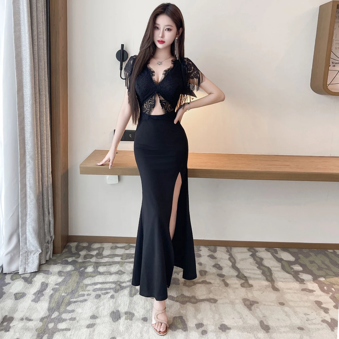 2025夏季新款夜总店性感鱼尾裙长裙礼服开叉蕾丝纯欲辣妹风连衣裙