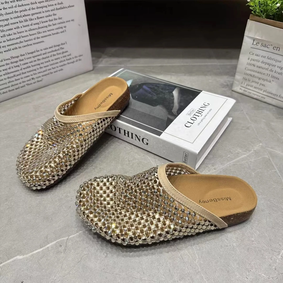 2025夏包头水钻高级感网面半拖鞋女外穿圆头舒适百搭穆勒凉拖鞋女