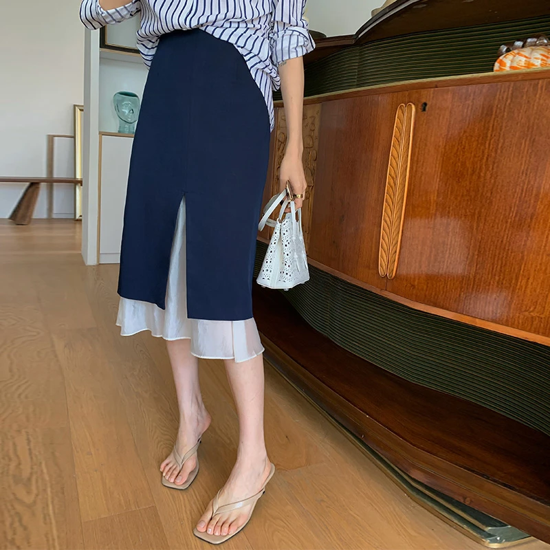 龍喜儿 高腰拼接半身裙女春夏装轻奢高级感不规则直筒包臀裙Z030