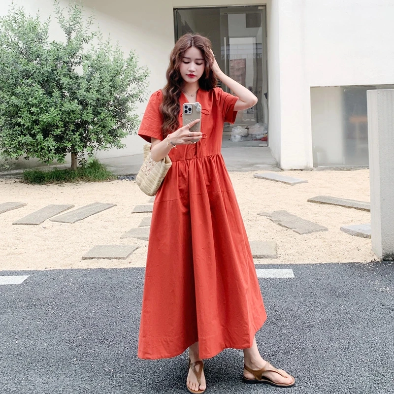 优雅气质连衣裙女2025夏季新款氛围感韩系超显白红色V领显瘦A字裙