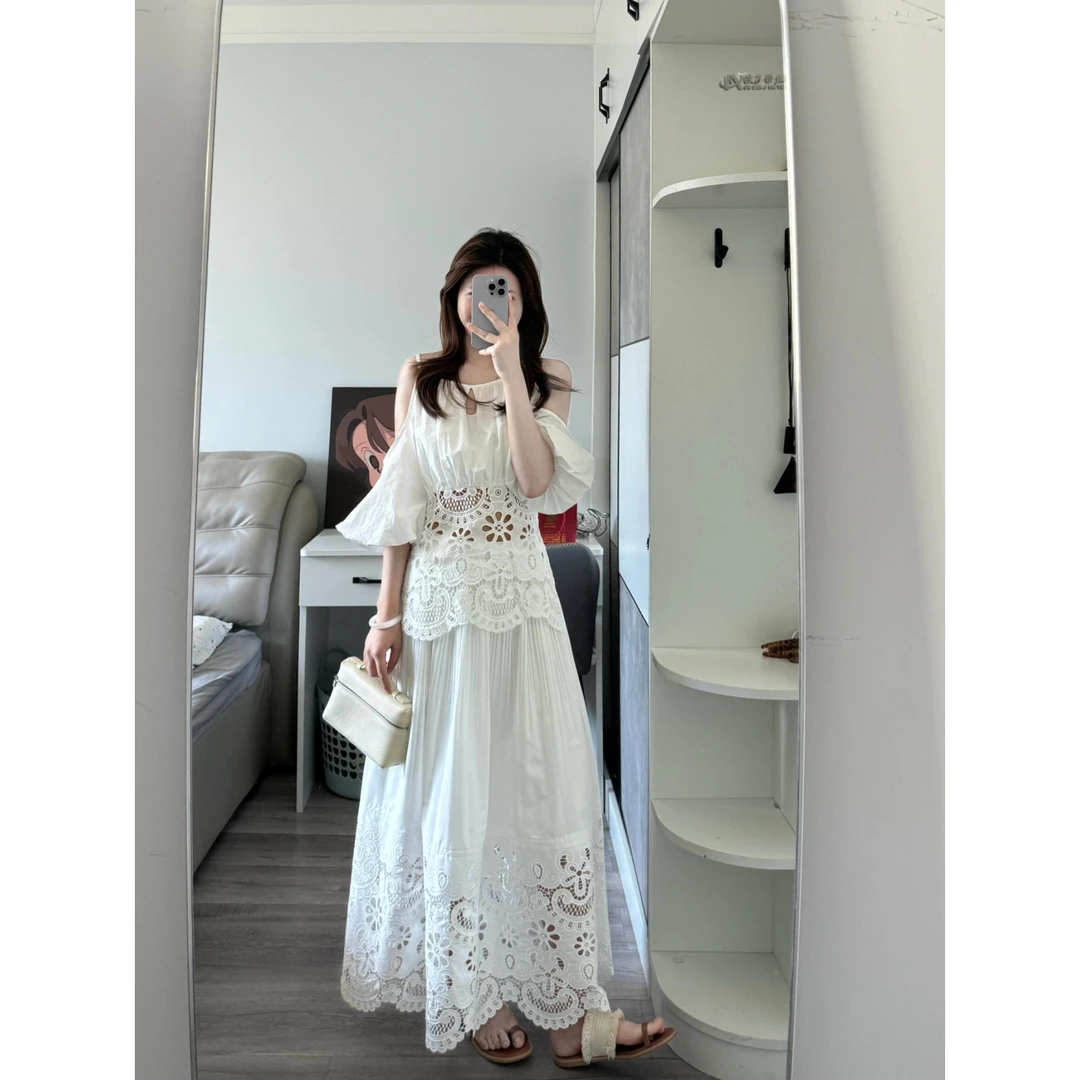 INS CEC波西米亚钩花蕾丝露肩连衣裙套装2025夏季气质绝美长裙